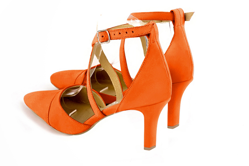 Clementine orange women's open side shoes, with crossed straps. Tapered toe. High slim heel. Rear view - Florence KOOIJMAN